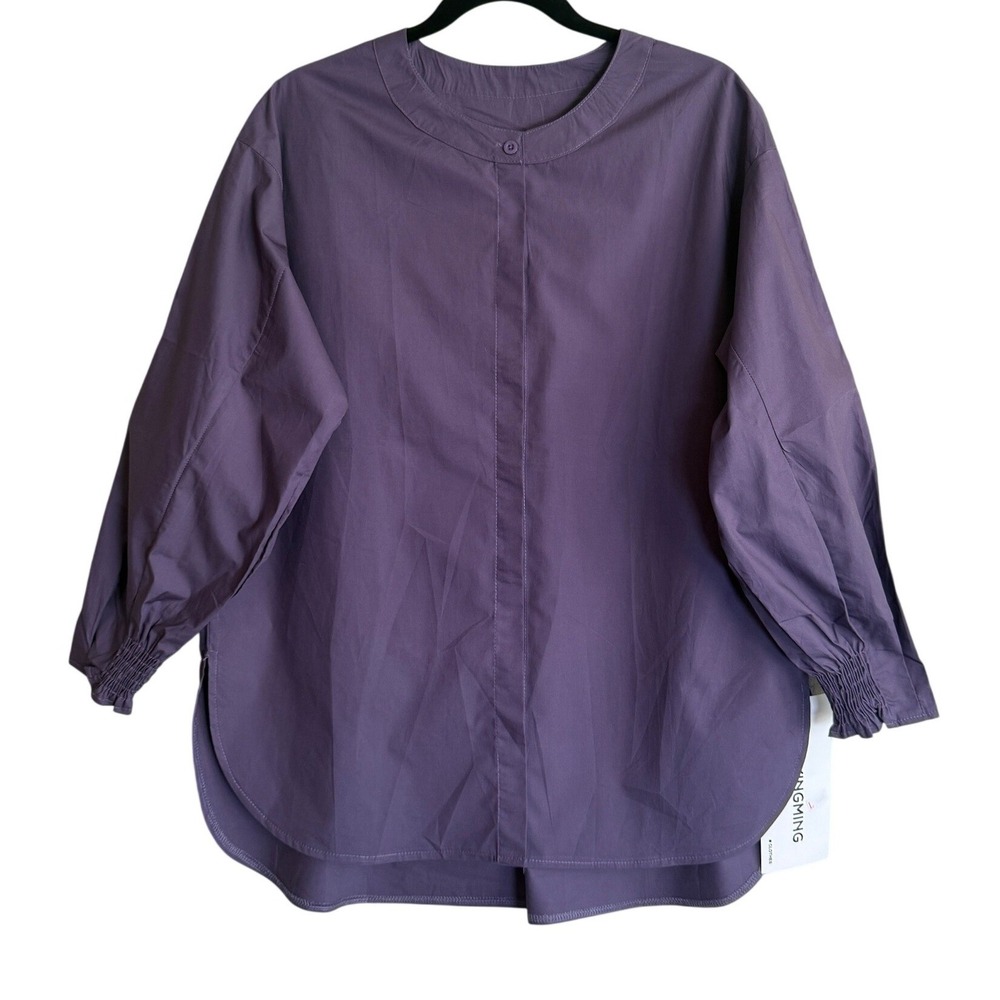NWT Daxingming Purple Flowy Puff Sleeve Tunic Blouse Oversized Smocked Cuff, L